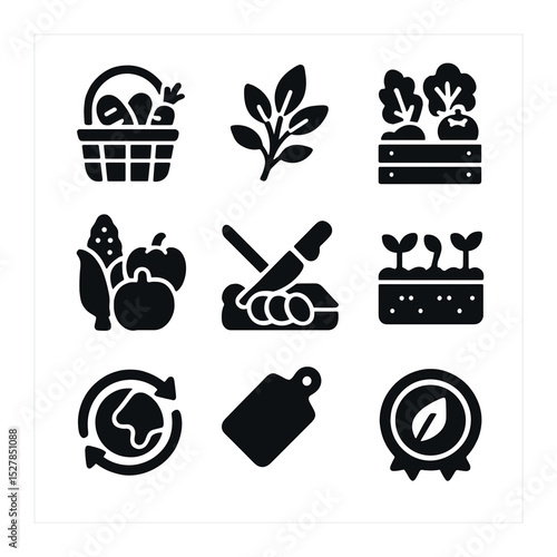 Farm-to-Table Icon Set. Solid, filled icons set of farm-to-table culinary classes: farm basket, fresh herbs,