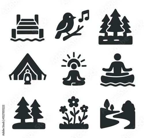 Nature Getaway Icons. Solid, filled icons set of nature getaways for stress relief: lake dock, birdsong icon,