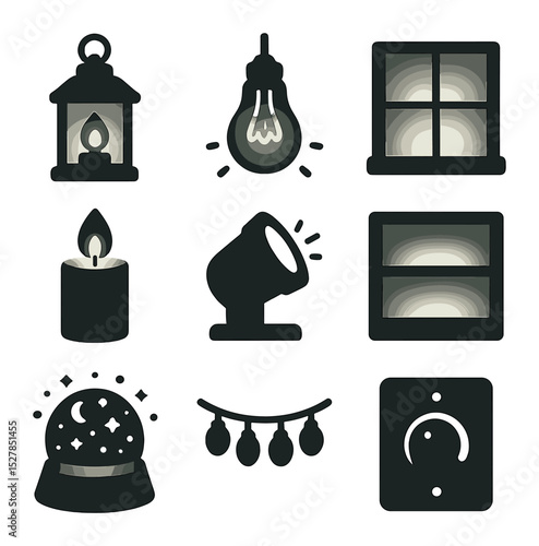 Ambient Lighting Icons. Solid, filled icons set of ambient home lighting for cozy spaces: lantern lamp, Edison