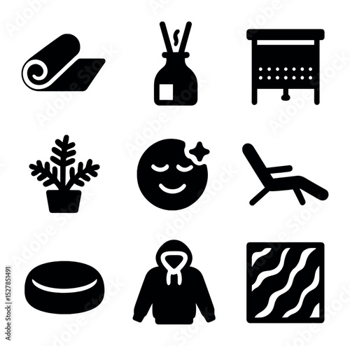 Indoor Relaxation Icons. Solid, filled icons set of indoor relaxation areas: soft mat, diffuser bottle, light
