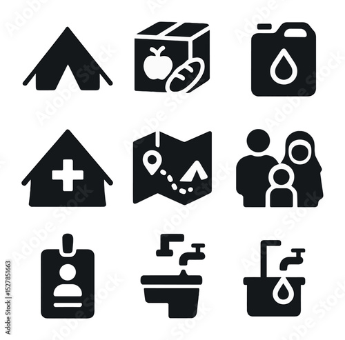 Refugee Camp Icons. Solid, filled icons set of refugee camps: tent shelter, food ration box, water container,