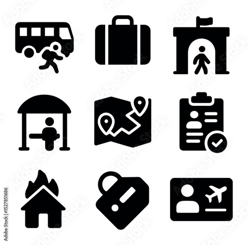 Relocation Icons Grid. Solid, filled icons set of displacement and emergency relocation: evacuation bus,
