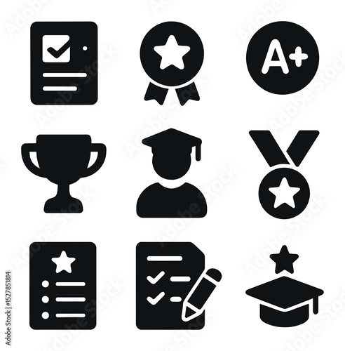 School Achievement Icons. Solid, filled icons set of school achievement milestones: report card, merit badge,