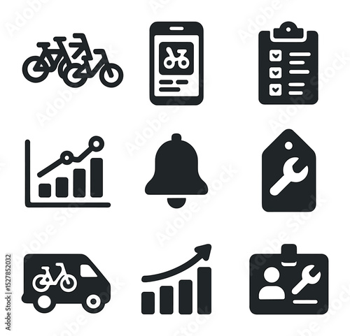 Shared Bikes Icon Set. Solid, filled icons set of fleet management for shared bikes: bike fleet icon,