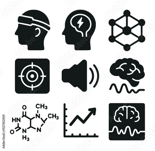 Cognitive Tools Icons. Solid, filled icons set of cognitive enhancement tools: EEG headband, memory boost icon
