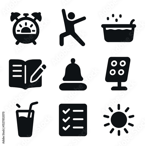Morning Routine Icons. Solid, filled icons set of morning optimization routines: sunrise alarm, stretching