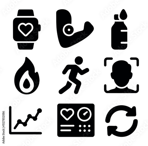 Quantified Self Icons. Solid, filled icons set of quantified self tracking: smart watch, blood glucose sensor,