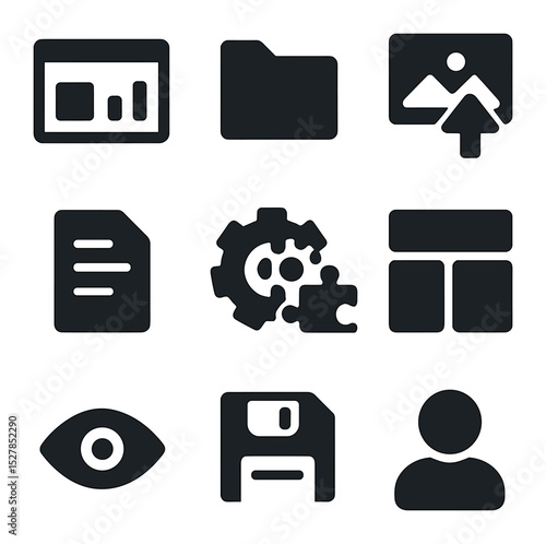 CMS Icon Grid. Solid, filled icons set of content management systems: dashboard icon, file folder, media