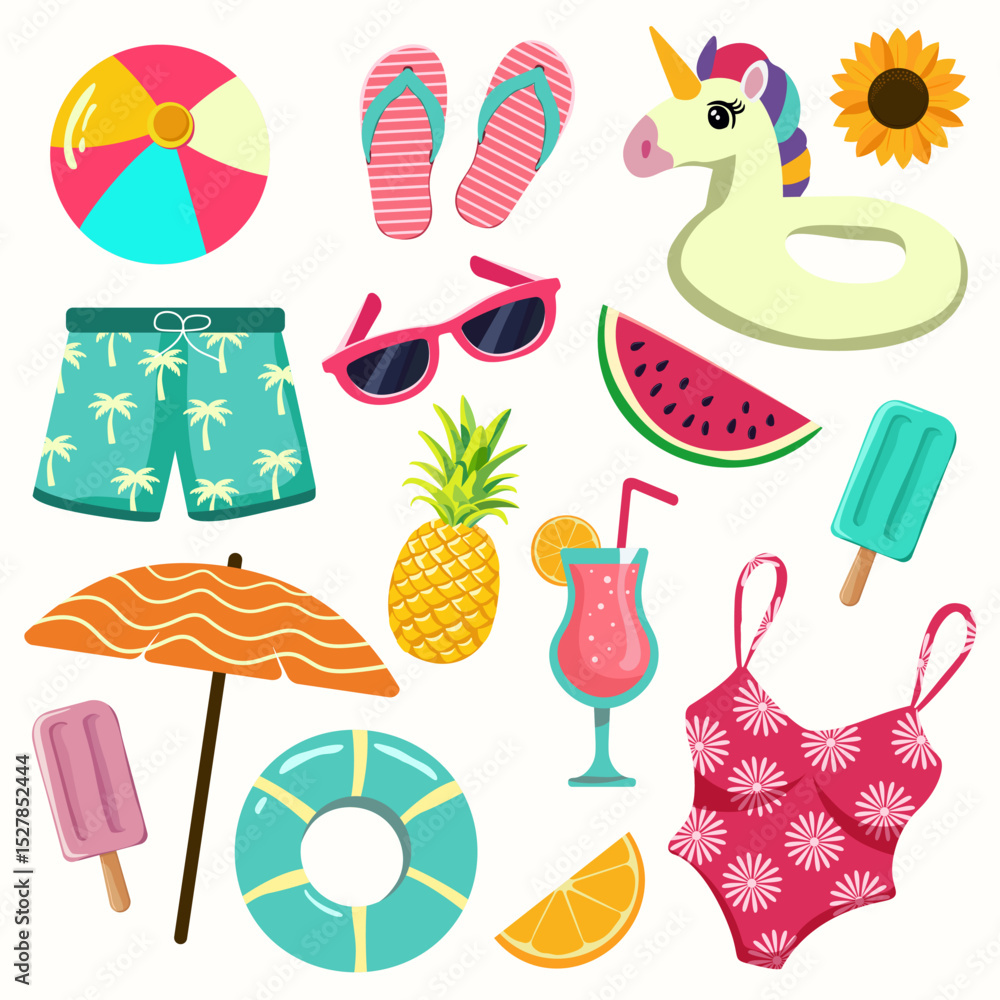 Naklejka premium Collection of summer beach icons. Umbrella, swimsuit, sunglasses, ice cream, cocktail, unicorn balon, swim trunks. Vector illustration on isolated background