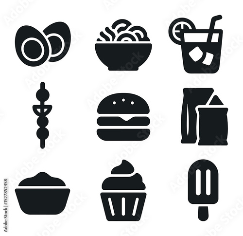 Summer Potluck Icons. Solid, filled icons set of summer food potluck: deviled eggs, pasta salad, iced tea,