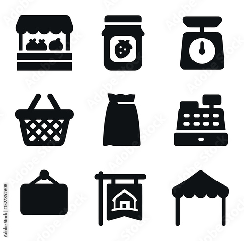 Rural Market Icons. Solid, filled icons set of rural market day: produce stand, jam jar, scales, shopping