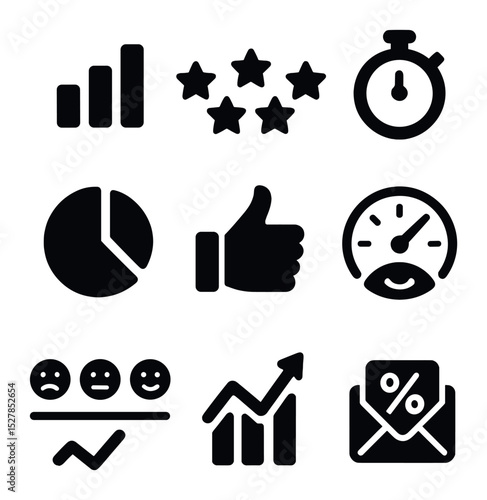 Customer Service KPIs Icons. Solid, filled icons set of customer service KPIs: bar graph, rating stars, clock
