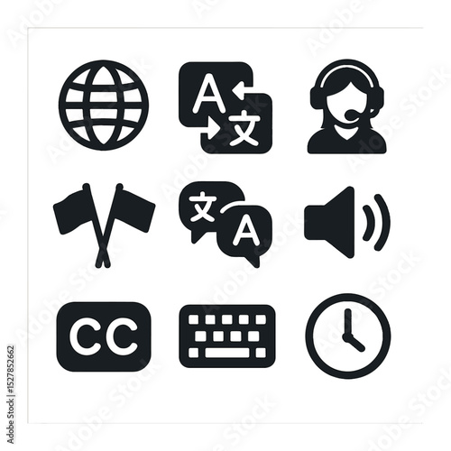 Multilingual Service Icons. Solid, filled icons set of multilingual customer service: globe icon, language