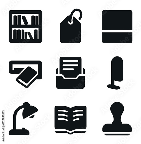Library Icon Grid. Solid, filled icons set of library and shelving: bookshelf, library tag, Dewey label, book