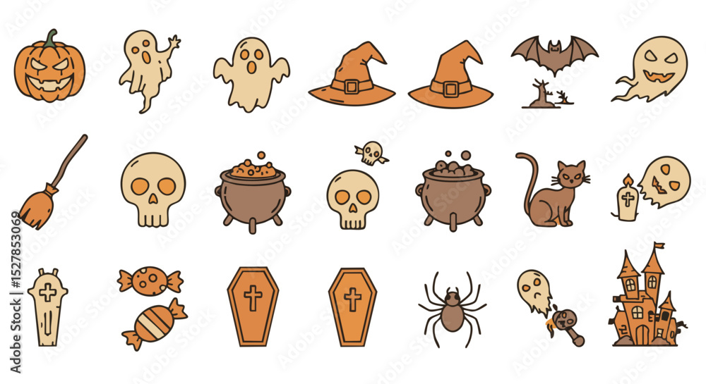 Fototapeta premium Outline Halloween Icons with Pumpkin, Ghost, Witch Hat, Spider