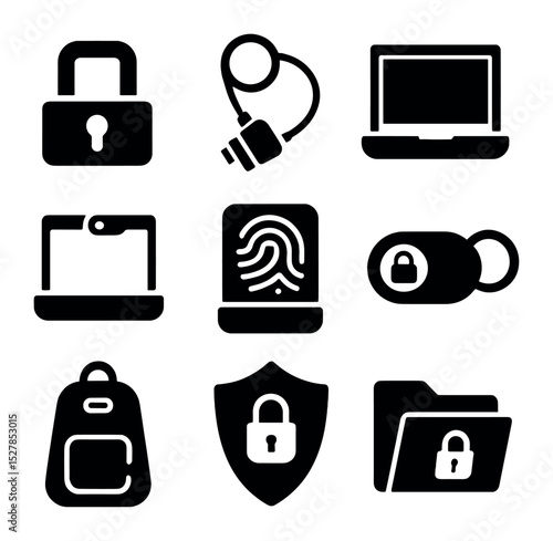 Laptop Security Icons. Solid, filled icons set of laptop security accessories: lock slot, cable lock, privacy