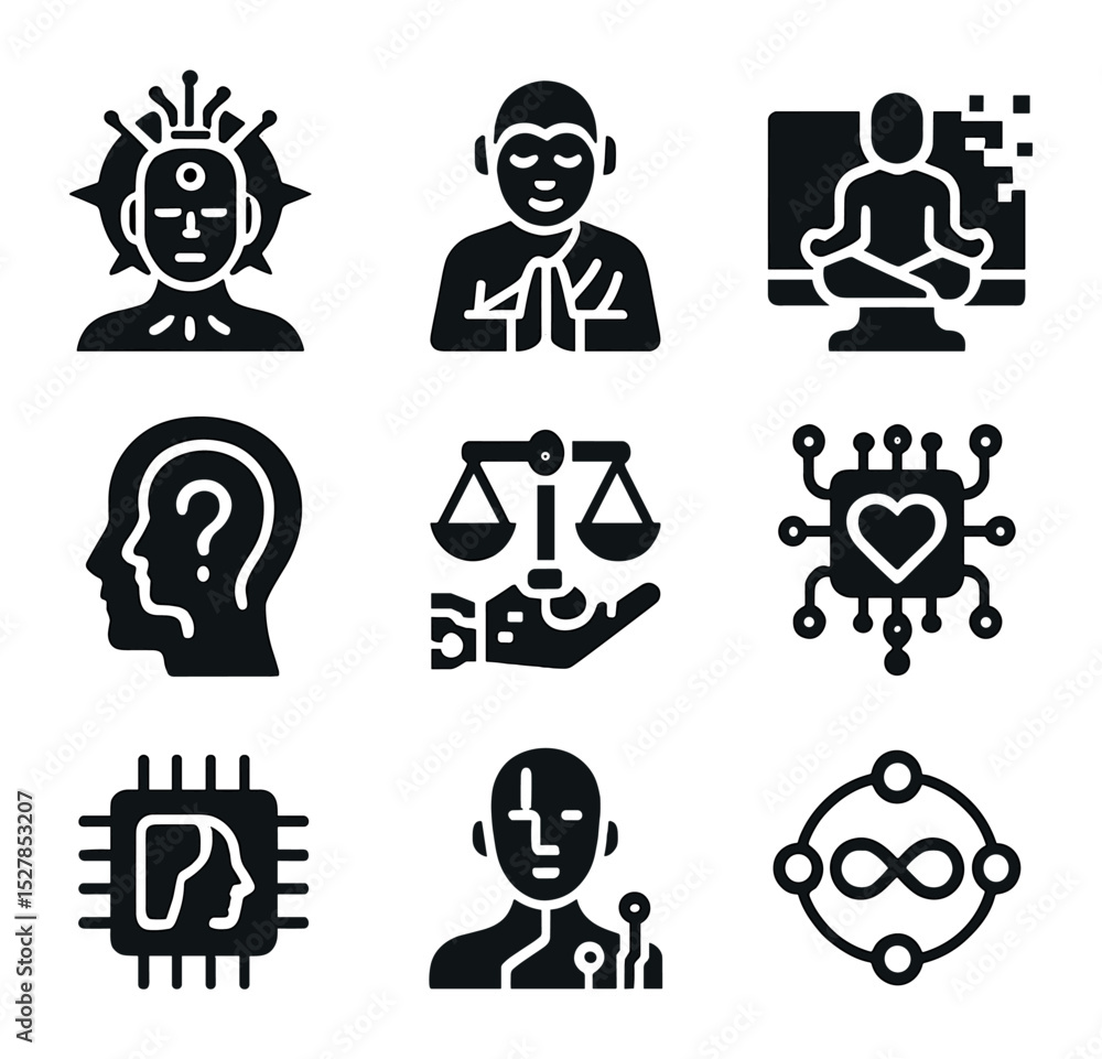 Post-Human Philosophy Icons. Solid, filled icons set of post-human philosophy: AI deity, synthetic monk, Post-Human Philosophy Icons. Solid, filled icons set of post-human philosophy: AI deity, synthetic monk,