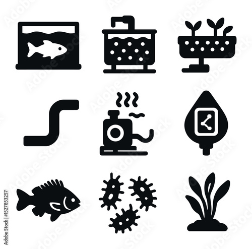 Aquaponics Icons Grid. Solid, filled icons set of aquaponics systems: fish tank, biofilter, grow bed, water
