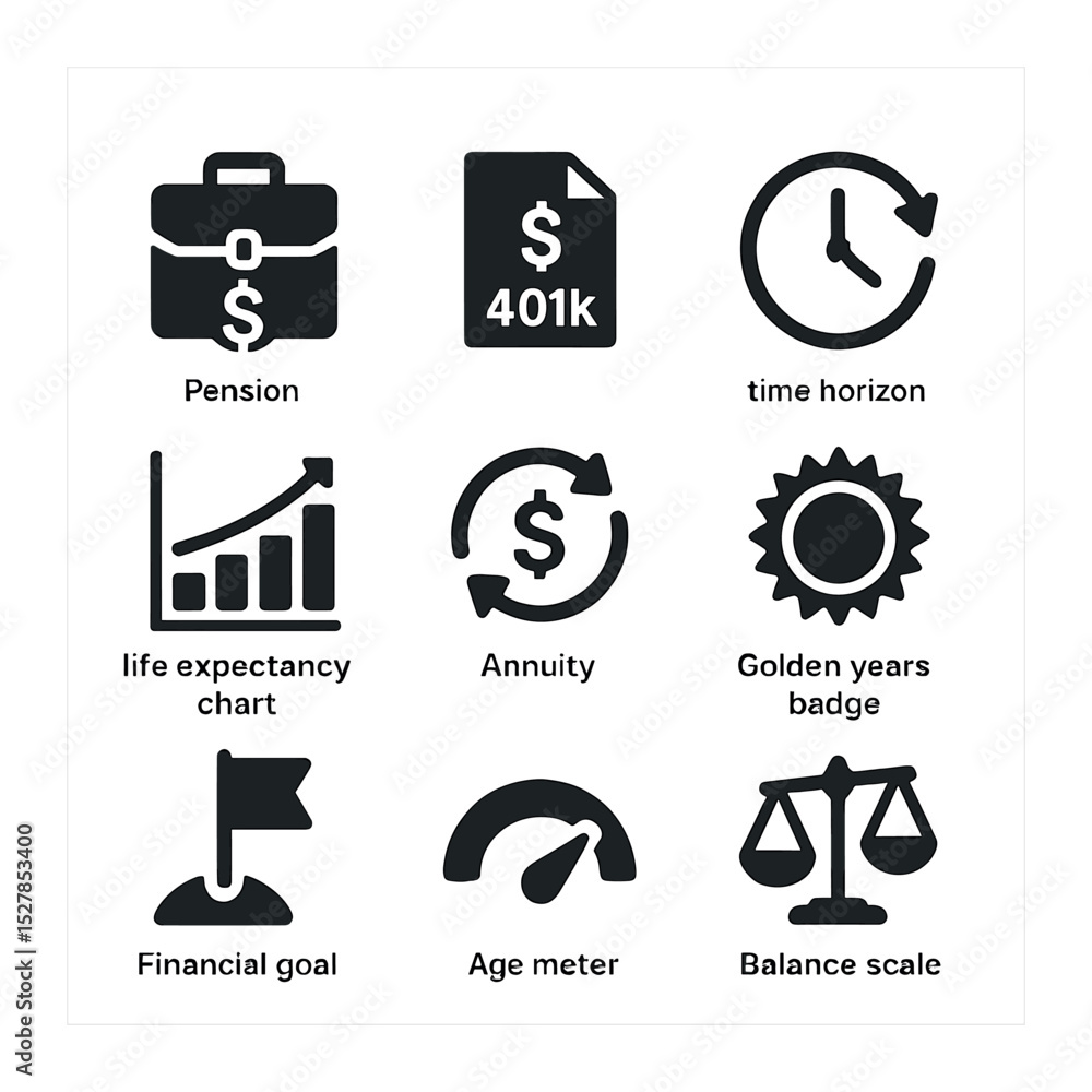 Fototapeta premium Retirement Strategy Icons. Solid, filled icons set of retirement strategy: pension icon, 401k document, time