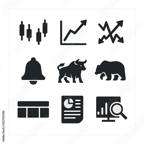 Market Trend Icons. Solid, filled icons set of market trends: candlestick chart, trendline, volatility symbol,