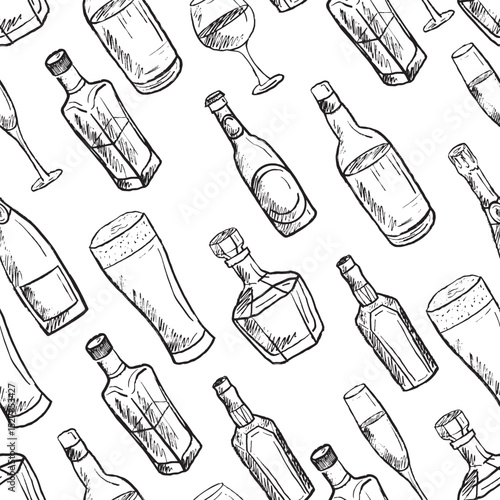 Alcohol drinks seamless pattern with bottles and glass in black brush stroke texture isolated on white. Hand drawn vector sketch illustration in vintage charcoal ink. Bar design, package, print.