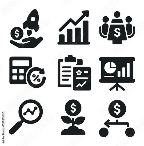 Business Strategy Icons. Solid, filled icons set of business investment strategy: startup funding, equity