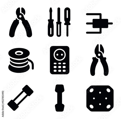 Electrical Tool Icons. Solid, filled icons set of electrical hand tools: wire cutter, voltage tester,
