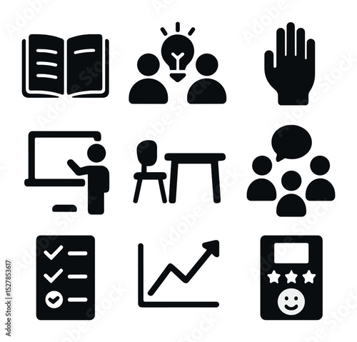 Peer Learning Icons. Solid, filled icons set of peer learning sessions: open notebook, shared idea, raised