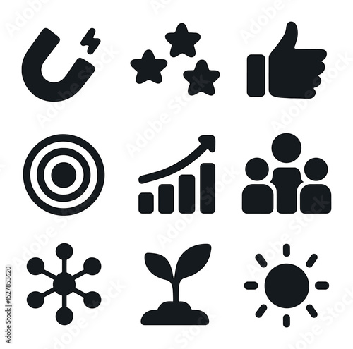 Positive Influence Icons. Solid, filled icons set of positive influence networks: magnet, stars, thumbs up,