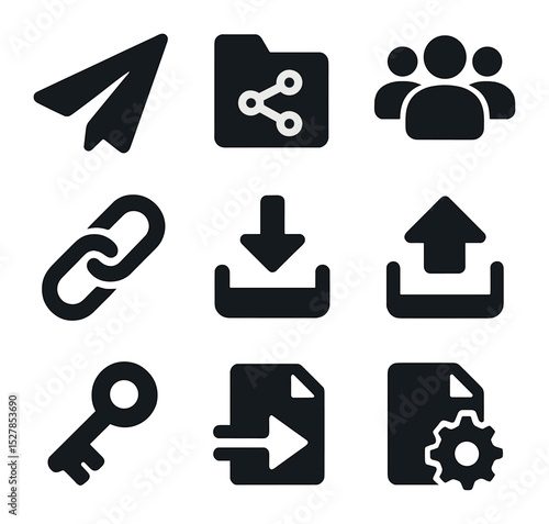 Modern File Sharing Icons. Solid, filled icons set of file sharing services: paper plane, shared folder,