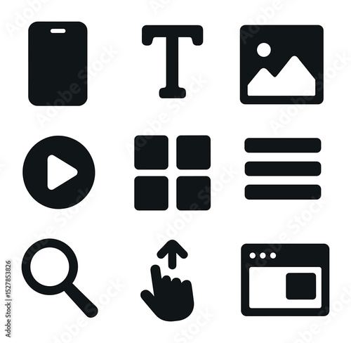 Mobile Design Icons. Solid, filled icons set of intuitive mobile design elements: smartphone, content grid,