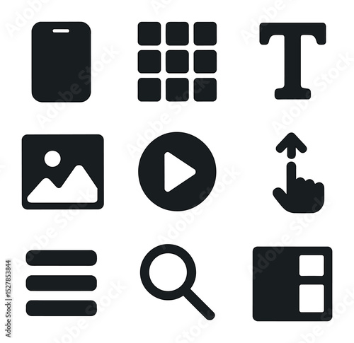 Mobile Design Icons. Solid, filled icons set of intuitive mobile design elements: smartphone, content grid,