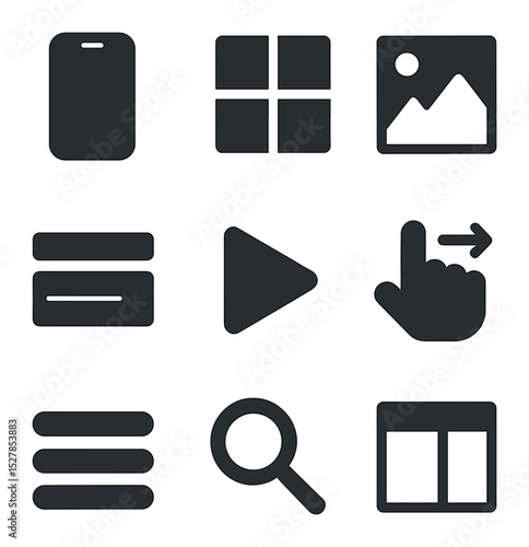 Modern Mobile Icon Set. Solid, filled icons set of user-friendly mobile designs: smartphone, adaptive grid,