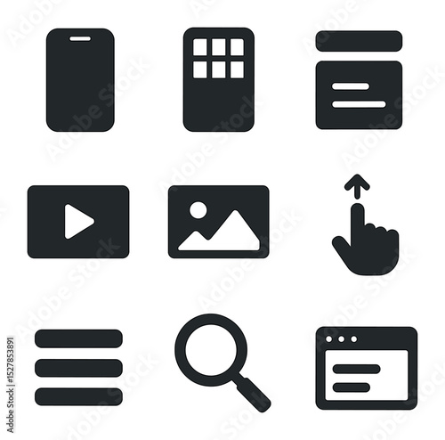 Interactive Mobile Icons Grid. Solid, filled icons set of interactive mobile content: smartphone, responsive