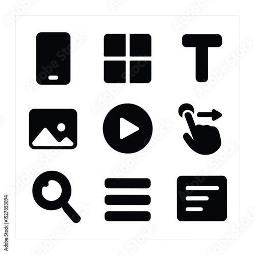 Modern Mobile Icons. Solid, filled icons set of engaging mobile layouts: smartphone, layout grid, text icon,