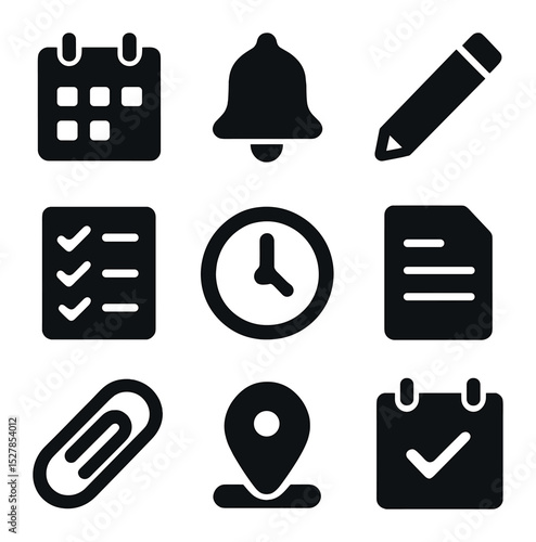 Schoolwork Icon Set. Solid, filled icons set of keeping track of schoolwork: calendar, alarm bell, pencil,