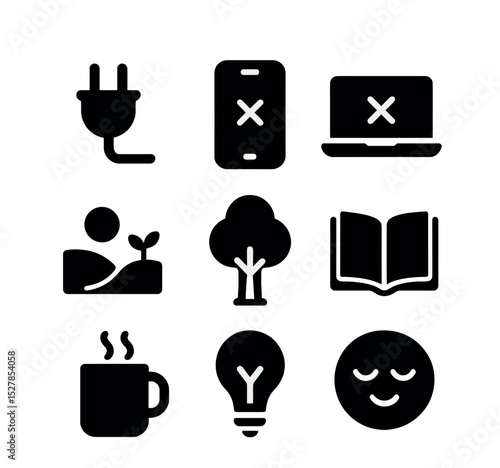 Unplugged Icon Set. Solid, filled icons set of creating a "unplugged" time where you disconnect from