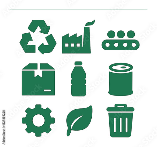 Green Recycling Icons. Solid, filled icons set of green manufacturing and recycling: recycling arrows, factory