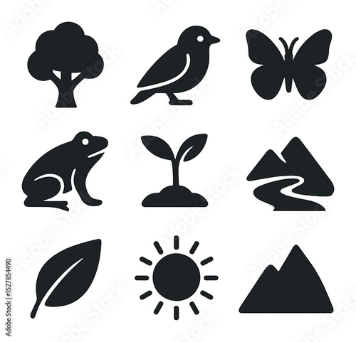 Rainforest Biodiversity Icons. Solid, filled icons set of biodiversity in rainforests: tree, bird, butterfly,