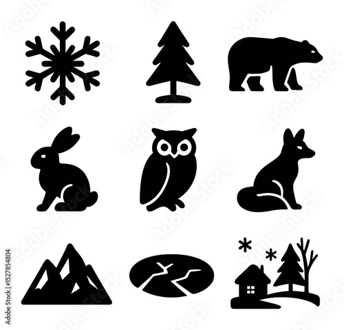 Snowbound Wildlife Icons. Solid, filled icons set of snowbound wildlife environments: snowflake, evergreen