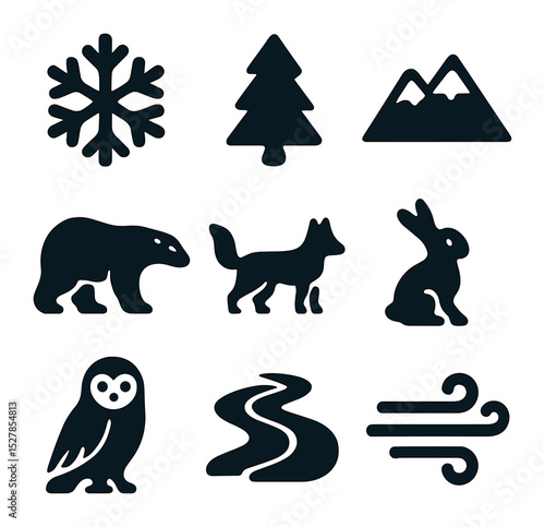 Winter Wilderness Icons. Solid, filled icons set of animals in snowy wilderness: snowflake, pine tree,