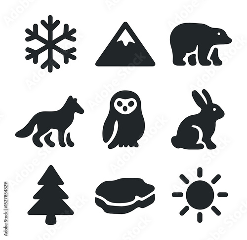 Cold Climate Icons. Solid, filled icons set of cold climate animal habitats: snowflake, snowy mountain, polar