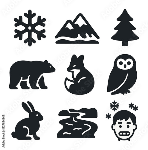 Frosty Animal Icons. Solid, filled icons set of frosty animal landscapes: snowflake, snowy mountain, evergreen