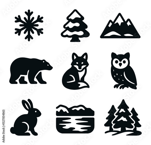 Winter Wildlife Icons. Solid, filled icons set of winter wildlife ecosystems: snowflake, snow-covered tree,