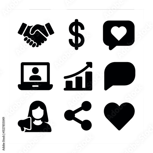 Digital Partnership Icons. Solid, filled icons set of digital partnerships and influencer outreach: handshake,