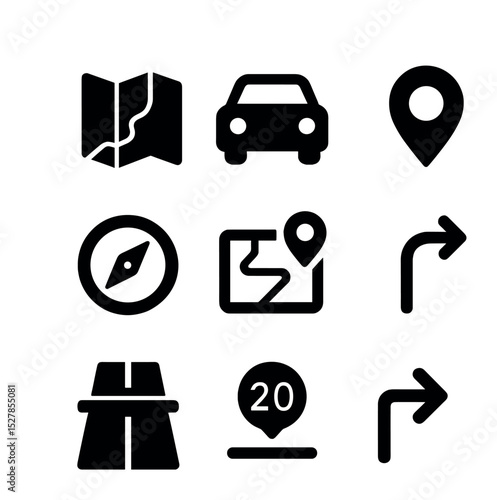 Route Optimization Icons. Solid, filled icons set of personalized route optimization: map icon, car, location