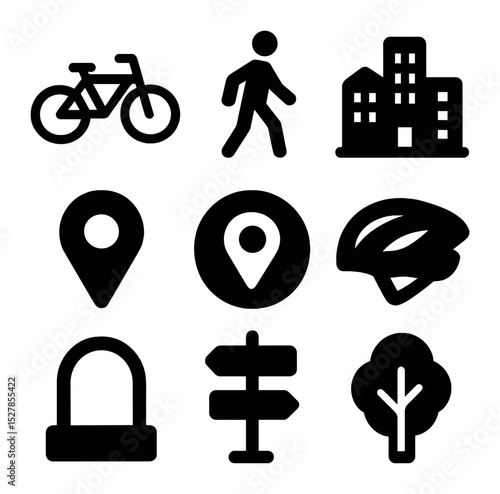 Active Urban Transportation Icons. Solid, filled icons set of active transportation in urban areas: bike,