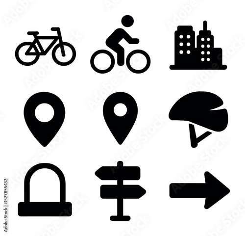 City Cycling Icons. Solid, filled icons set of city cycling for transportation: bike, person icon, city