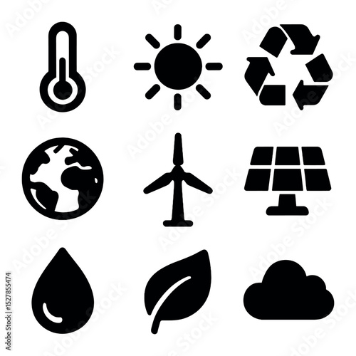 Climate Awareness Icons. Solid, filled icons set of raising awareness for climate change: thermometer, sun,