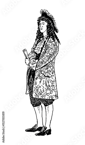 Sketch of one man in historical nobility costume 18th century standing outdoors, holding paper scroll, vector outline hand drawn realistic illustration